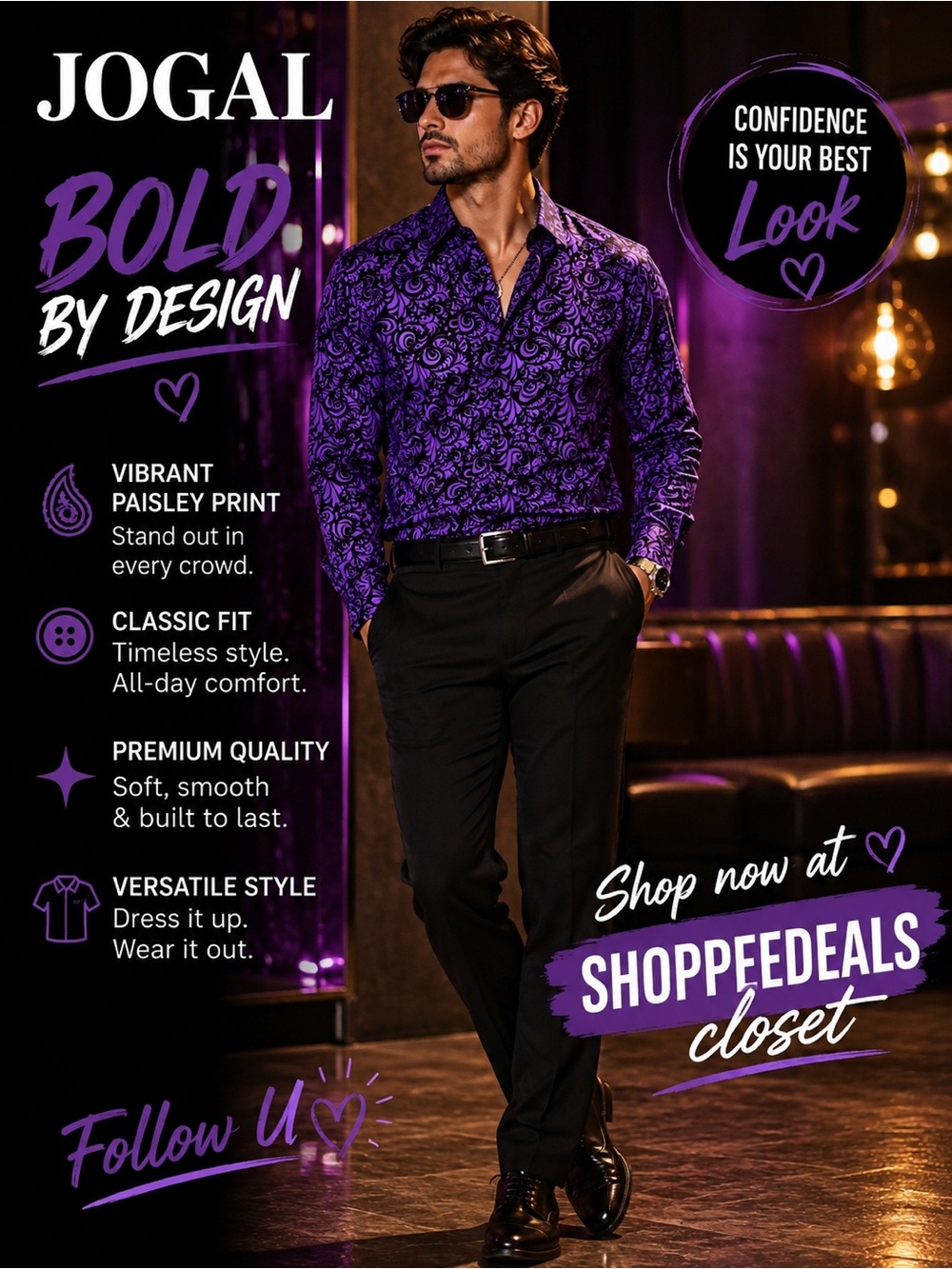 JOGAL Purple & Black Paisley Button-Down Shirt